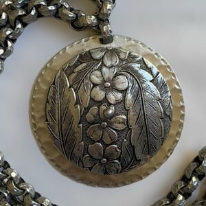 Huge Floral Silver Pendant Necklace